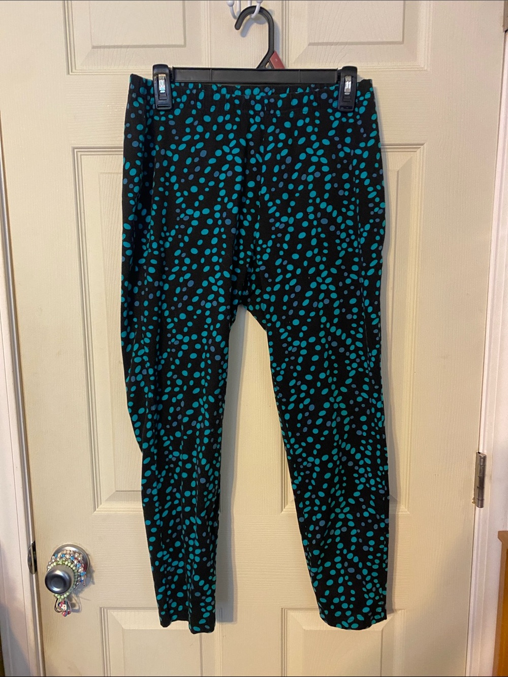 Woman Within Black Leggings with Teal Dot Print